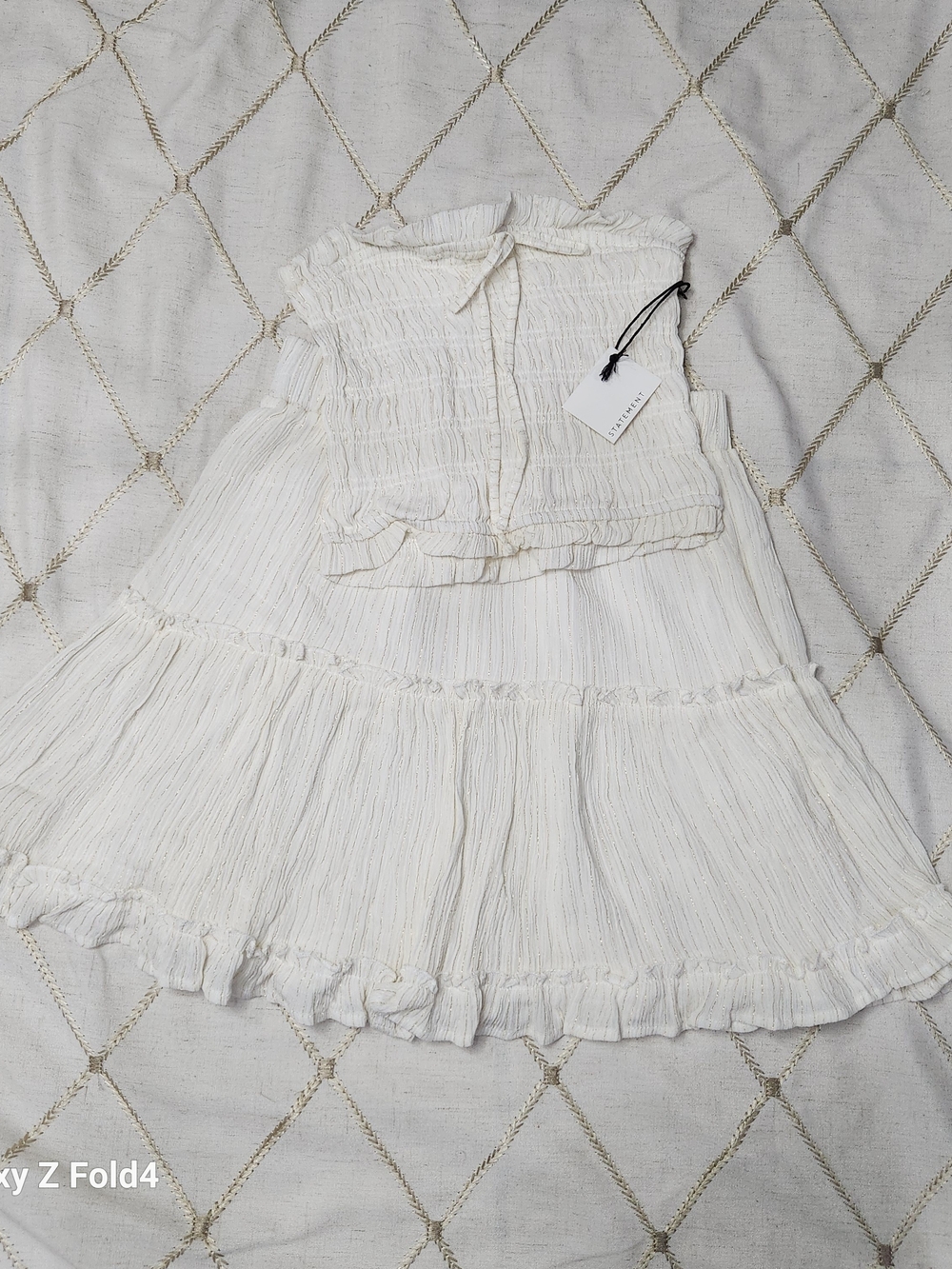 STATEMENT‎ White Gold Metallic Stripe Ribbed Strapless Top Maxi Skirt Set XS